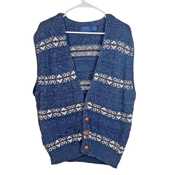 Vintage Sweater Vest Mervyns Cambridge Classics Knit Fair Isle Button Blue Men L - Picture 1 of 7